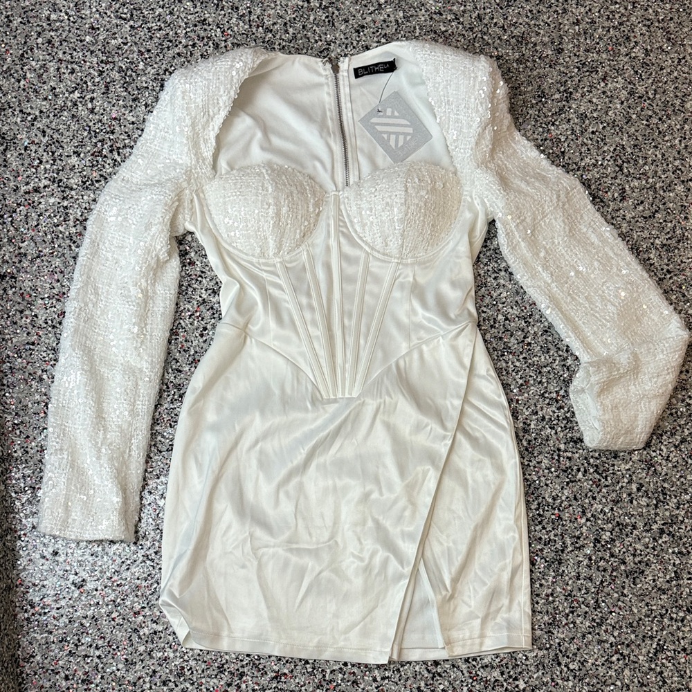 Blithe LA Elegant White Dress with Textured Sleeves